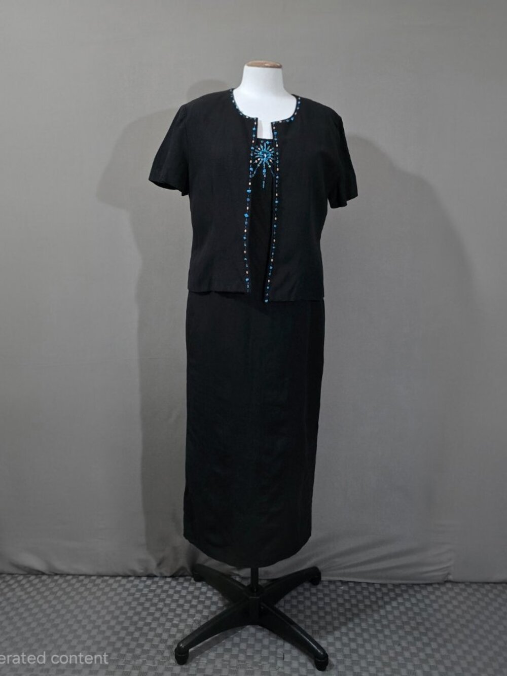 Jessica Howard Black Linen Blend Jacket Dress Set Women’s 14 2-Piece Beaded